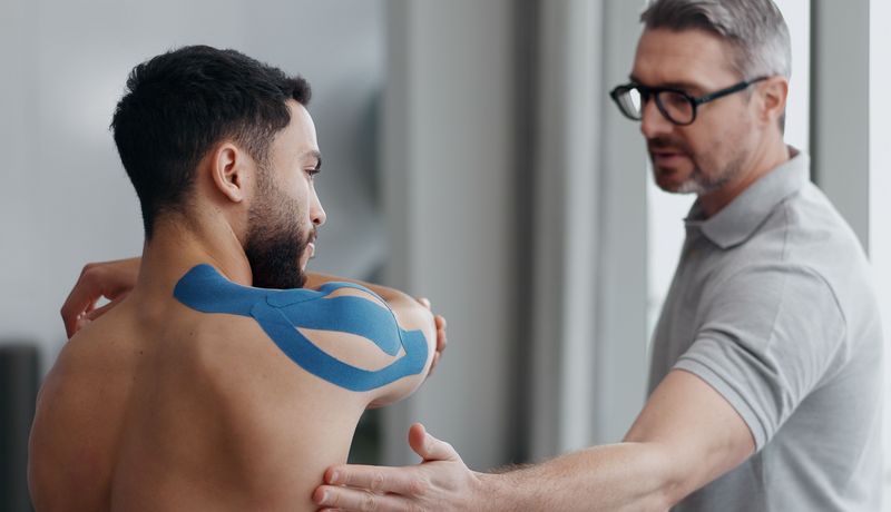Ein Mann trägt Kinesiologie-Tape an der Schuler und dehnt die Muskulatur. Ein Physiotherapeut erklärt ihm etwas.