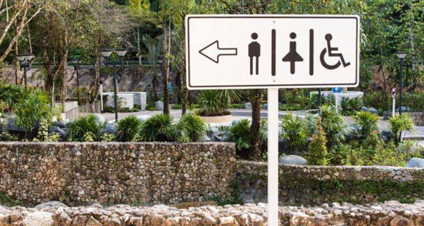 Toilettenschild vor Parklandschaft weiß, Pfeil nach links, schwarz gerahmt, schwarze Piktogramme: Mann, Frau, Rollstuhl