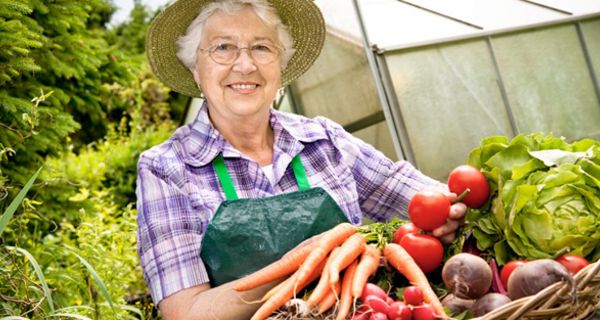 Ältere Frau mit Gemüsekorb