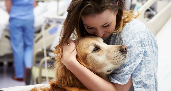 Junge Frau im Krankenhaus, umarmt einen Hund.