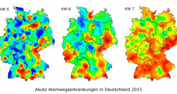 Drei Deutschlandkarten nebeneinander mit farblich eingezeichneten Aktivitäten akuter Atemwegsinfektionen.