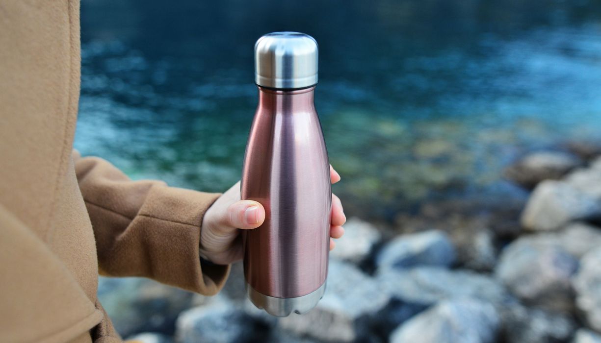 Frau, hält eine Flasche aus Edelstahl in der Hand.