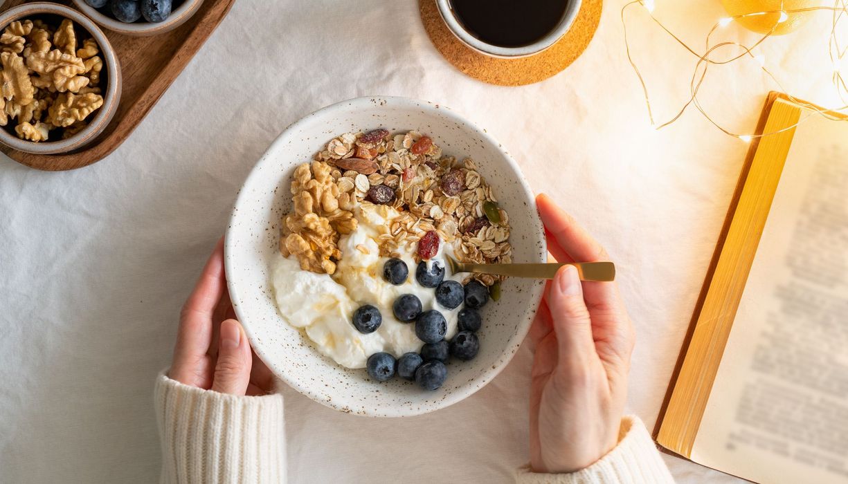 Müsli-Schale mit Obst auf einem Tisch.