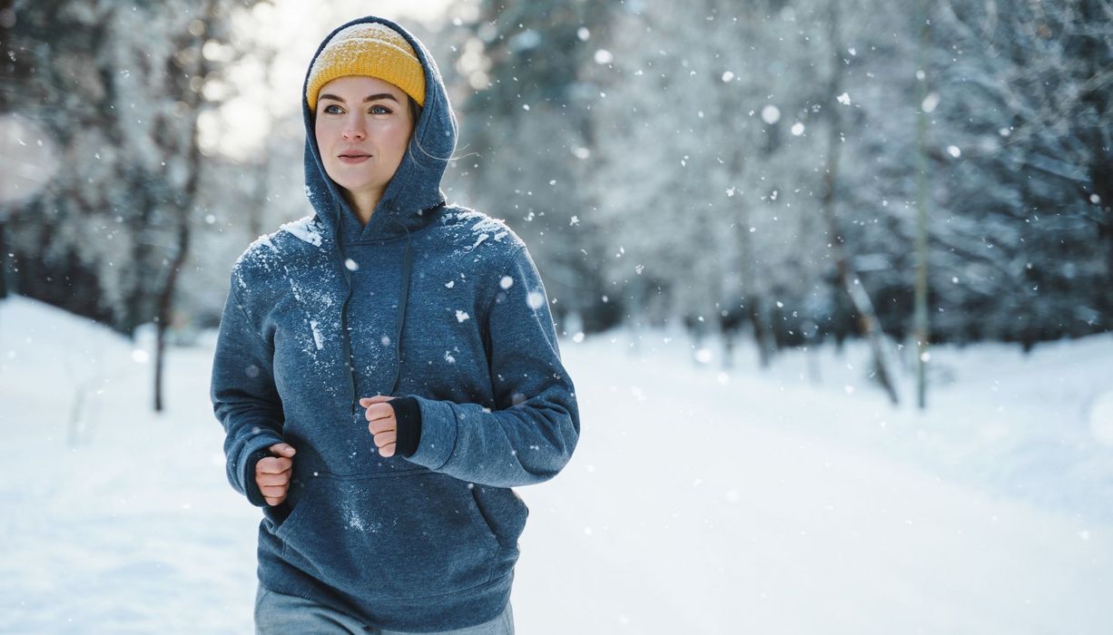 Frau, joggt im Winter.