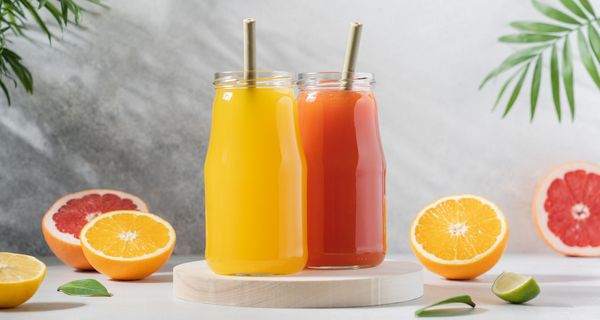 Zwei Gläser mit Saft auf einem Tisch.