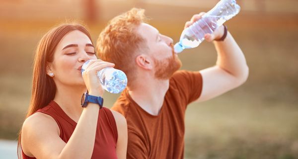 Junges sportliches Paar trinkt Wasser aus Plastikflaschen.