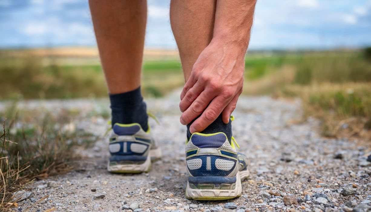 Mann, fasst sich beim Joggen an die Achillessehne.