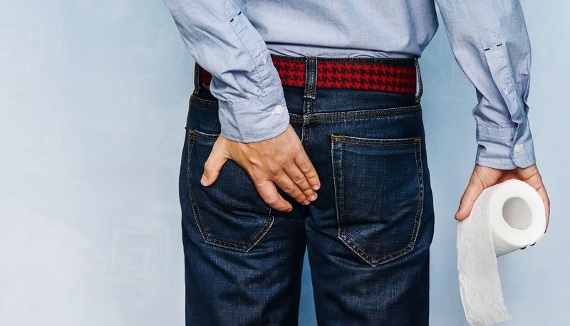 Rückenansicht eines Mannes mit einer Rolle Toilettenpapier in der Hand.