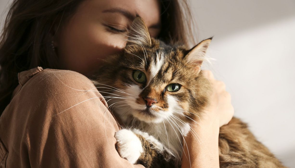 Frau, kuschelt mit ihrer Katze.