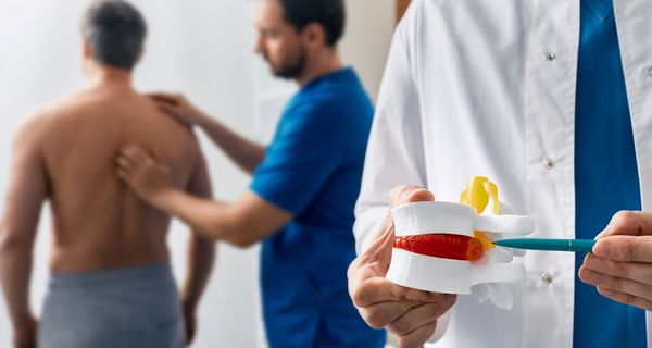 Arzt, zeigt einen Bandscheibenvorfall anhand eines Wirbelmodells.