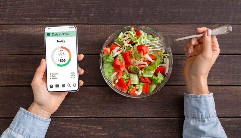 Smartphone mit Abnehm-App neben einer Schüssel Salat.