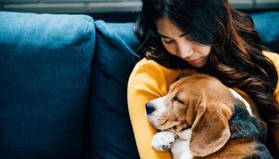 Frau, hält einen Hund an ihre Brust.