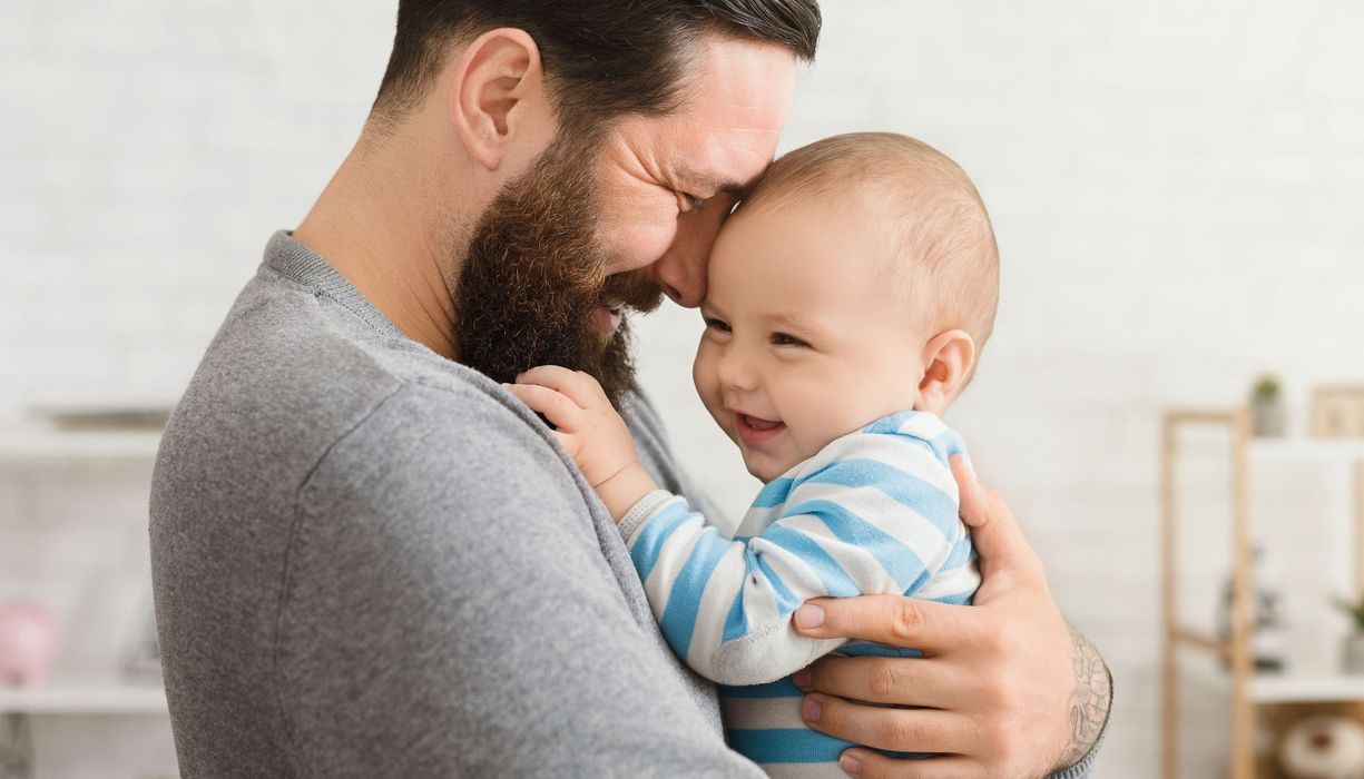 Vater, hält sein Baby auf dem Arm.