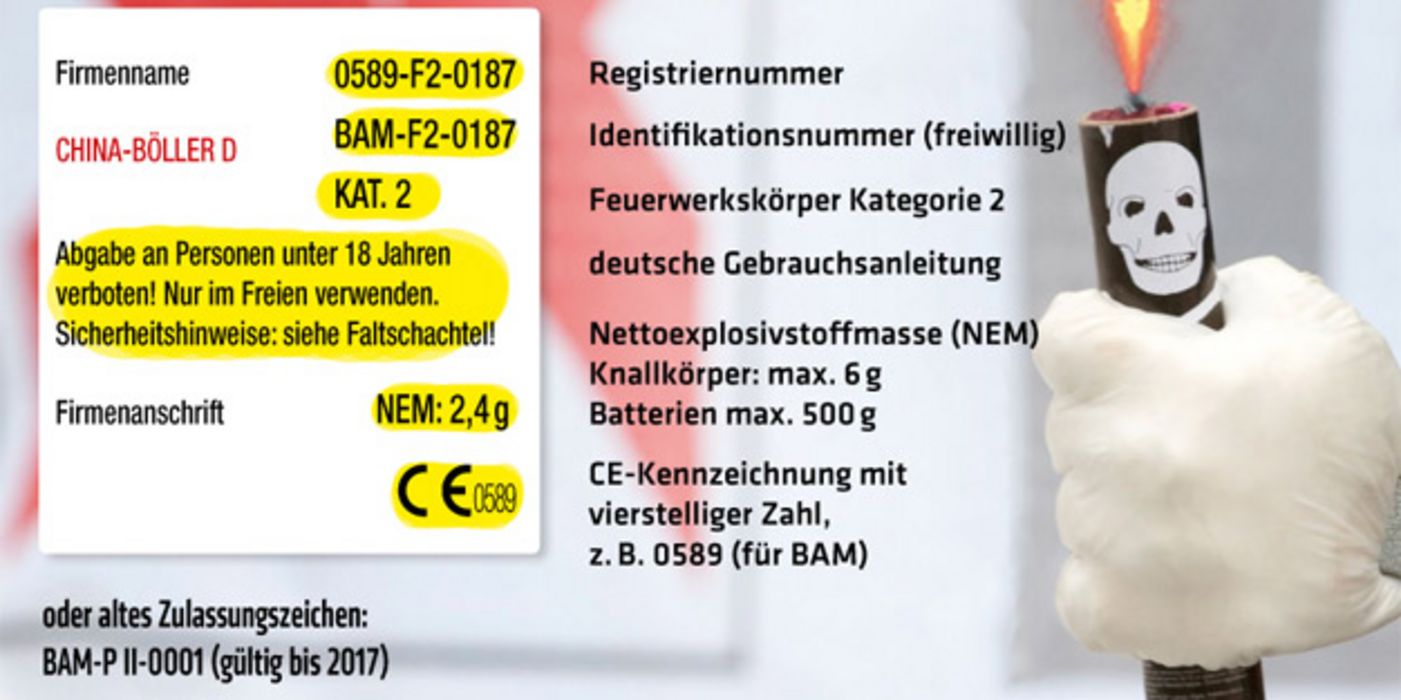 Die Infografik der Bundesanstalt für Materialforschung und -prüfung zeigt, welche Nummern und Kennzeichen auf legalen Böllern aufgedruckt sind.