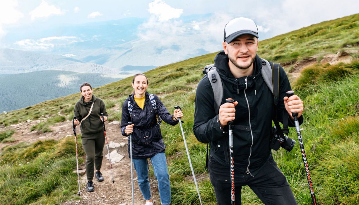 Drei Freunde, zusammen beim Nordic Walking.