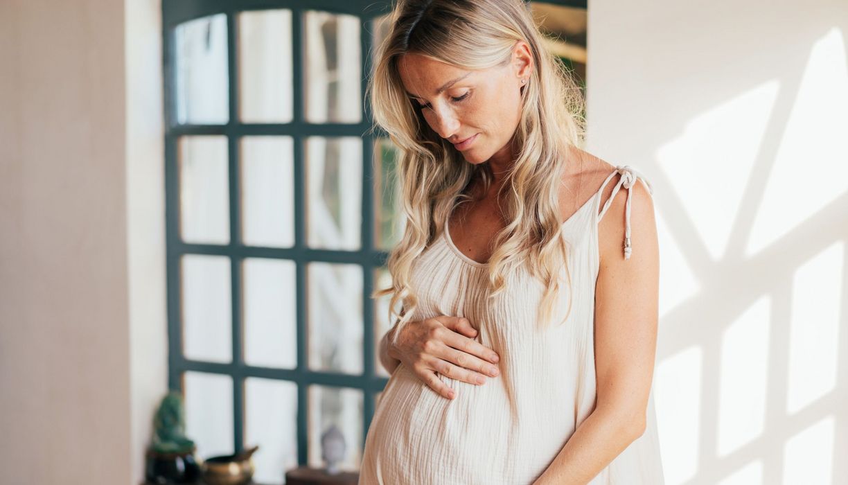 Junge schwangere Frau, schaut auf ihren Babybauch.