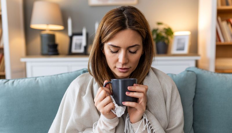 Frau trinkt eine Tasse Tee.