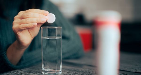 Frau, löst eine Brausetablette in Wasser auf.