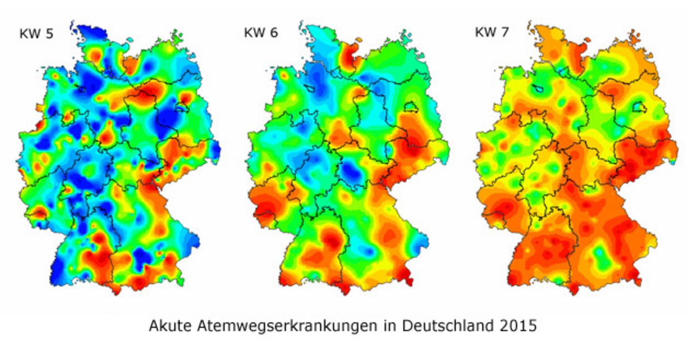 Drei Deutschlandkarten nebeneinander mit farblich eingezeichneten Aktivitäten akuter Atemwegsinfektionen.