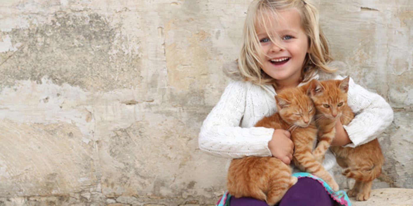 Blondes Mädchen, ca. 5 Jahre alt, lachend, mit zwei rotgestreiften Katzen im Arm