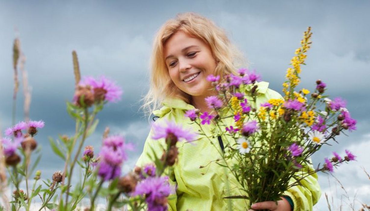 Junge Frau mit blonden, schulterlangen, leicht gewellten Haaren, lindgrüner leichter Anorak, pflückt lachend Blumen auf einer Sommerwiese