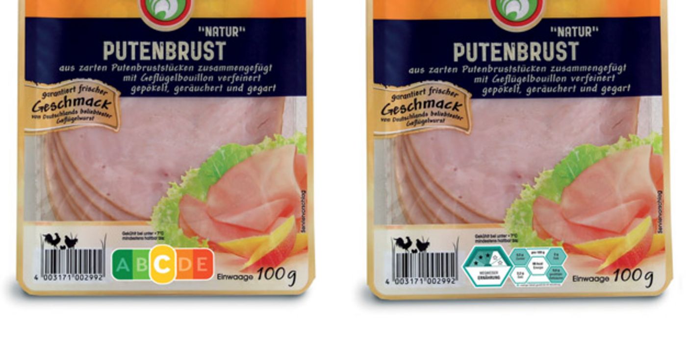 Die „Nutri-Score“ Ampel (links) im Vergleich zum „Wegweiser Ernährung“ (rechts) auf der gleichen Packung Putenbrust.