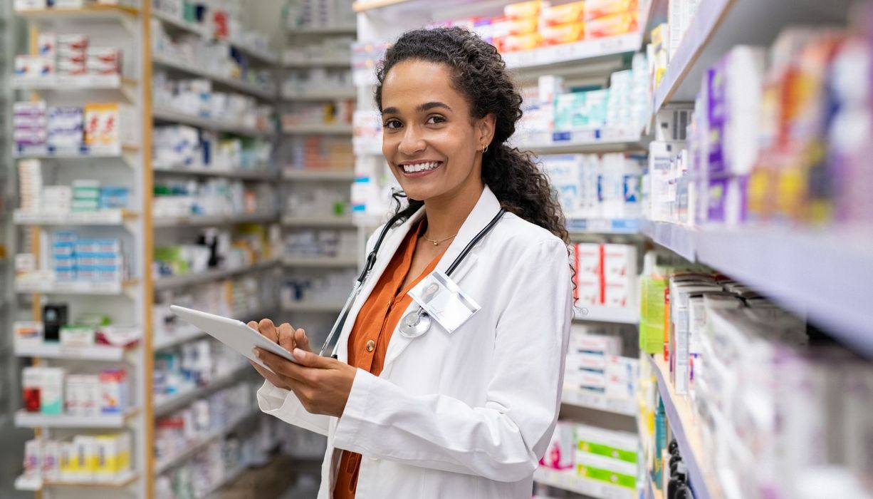 Freundliche Apothekerin, steht mit Tablet hinter einer großen Wand mit Medikamenten.