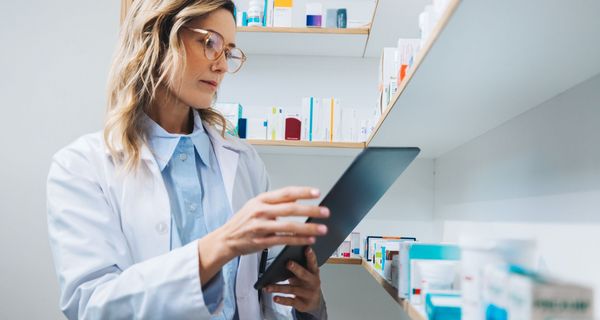 Junge Apothekerin mit einem Tablet.