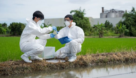 Zwei Männer in weißer Schutzkleidung und Masken hocken neben einem Fluss. Sie entnehmen mit Gefäßen Wasser aus dem Fluss.