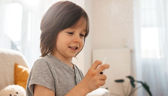 Ein Kind mit schulterlangen Haaren hält ein Nasenspray in der Hand und betätigt es.